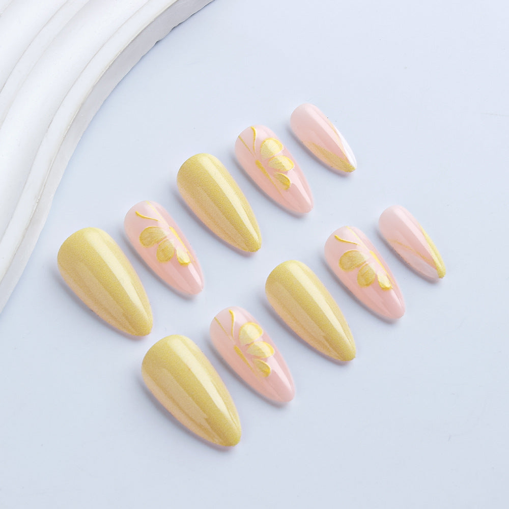 Blossom Fantasy Medium Almond Pink and Yellow Radiant Floral Design Press On Nail Set