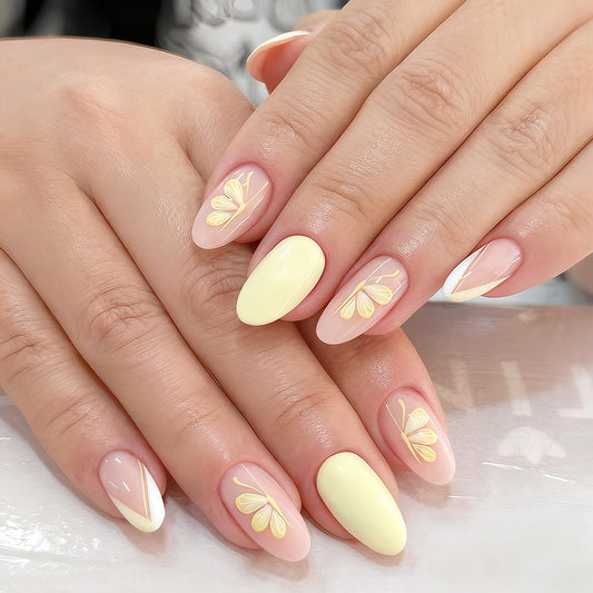 Floral Dream Short Almond Yellow and Pink Press On Nail Set with Delicate Botanical Art