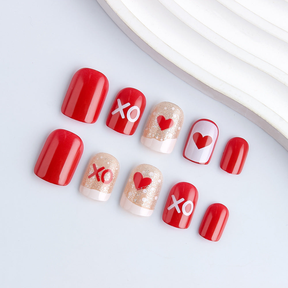 Romantic Vibes Short Square Red and Cream Press on Nail Set with Heart and XO Designs