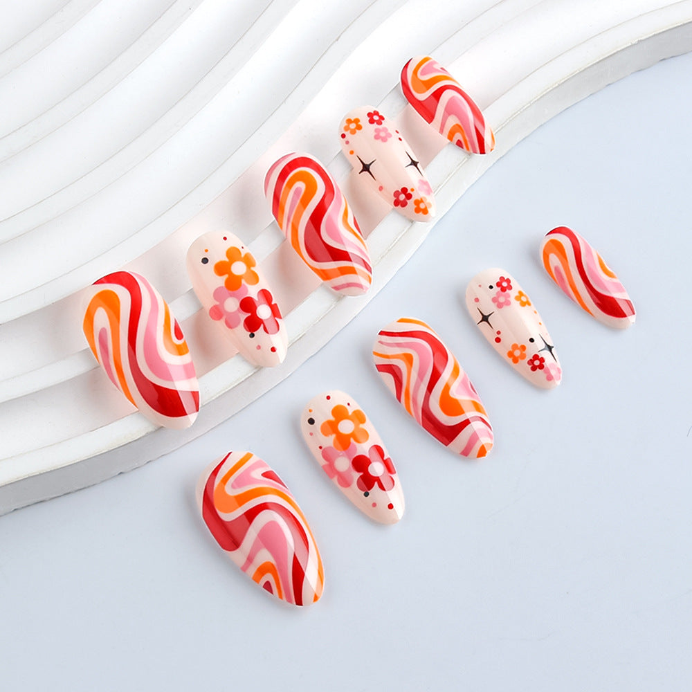 Whimsical Floral Waves Long Almond Pink and Red Colorful Abstract Design Press On Nail Set