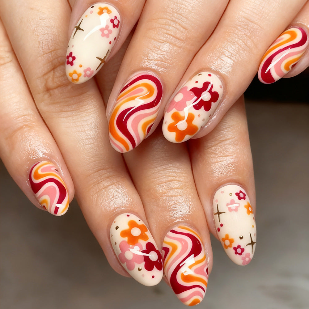 Flower Power Elegance Medium Almond Pink and Orange Swirl Press On Nail Set with Floral Designs