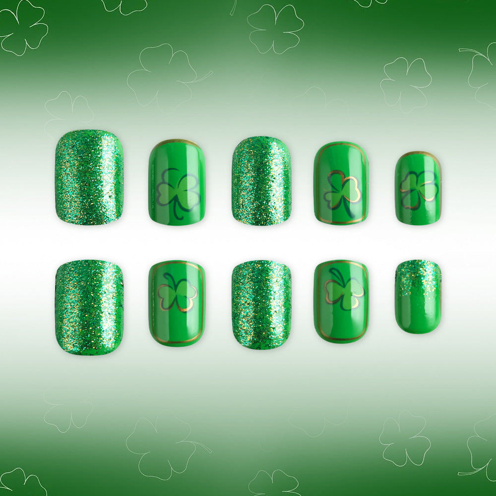 Lucky Shamrock Medium Inspired Press On Nail Set Square Squoval Green Sparkle and Clover Design