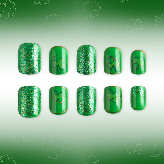 Lucky Shamrock Medium Inspired Press On Nail Set Square Squoval Green Sparkle and Clover Design