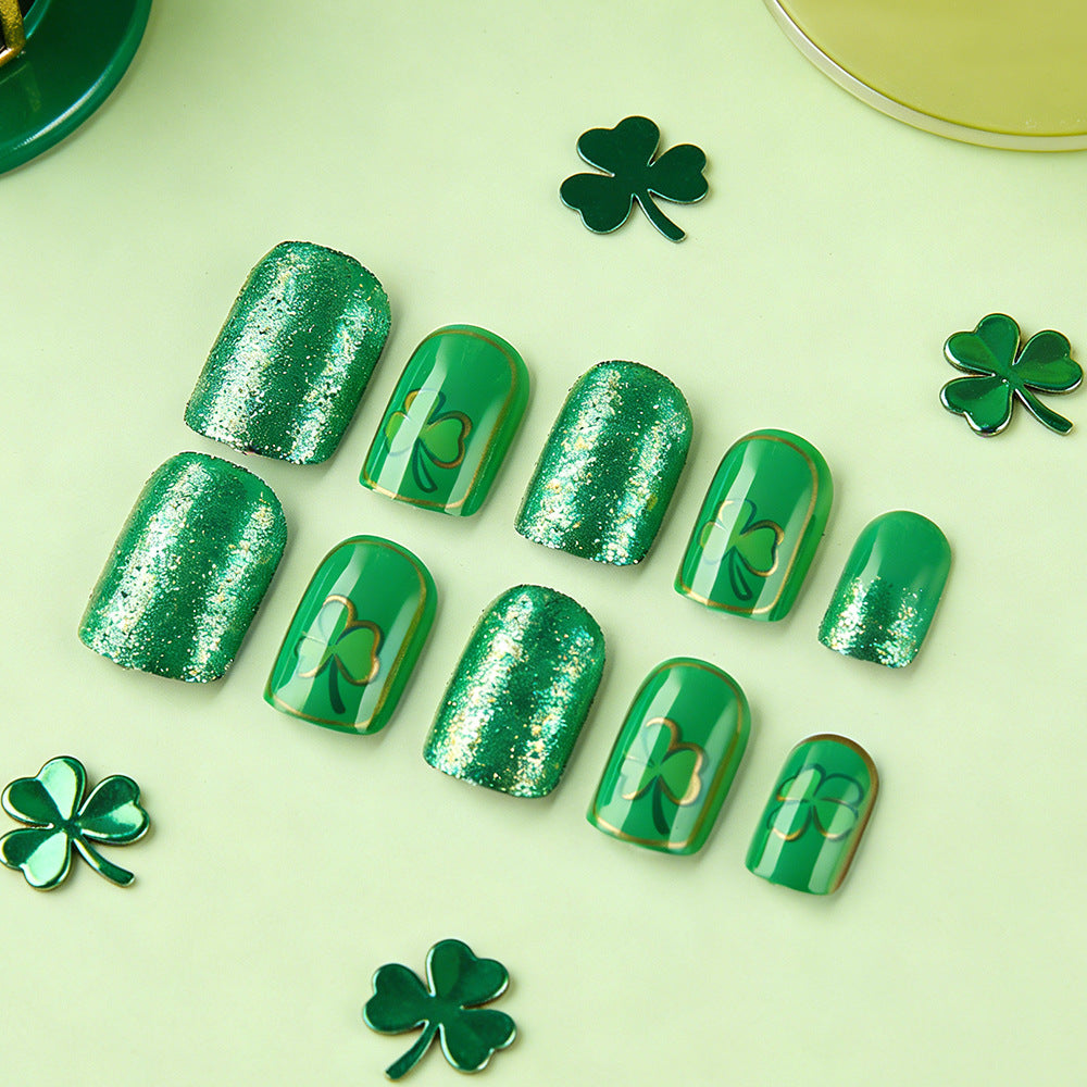 Lucky Charm Emerald Press On Nail Set Shiny Short Square Green with Shamrock Design