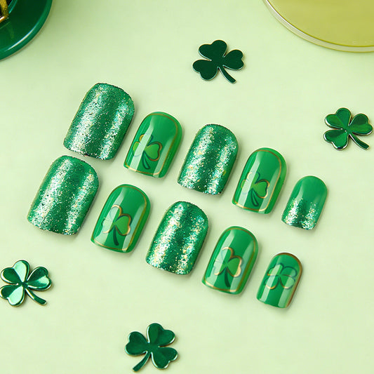 Lucky Charm Emerald Press On Nail Set Shiny Short Square Green with Shamrock Design