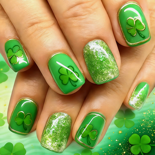 St. Patrick's Day Celebration Short Square Green with Gold Accents and Shamrock Design Press On Nail Set