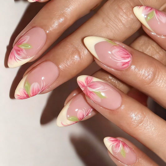Floral Dream Long Almond Pink Press On Nail Set with Charming Hand-Painted Flower Designs