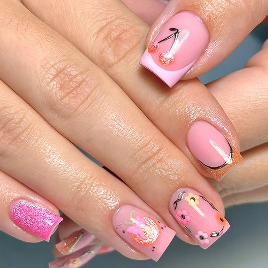 Cherry Blossom Dream Press On Nail Set Short Square Pink Featuring Elegant Floral Art