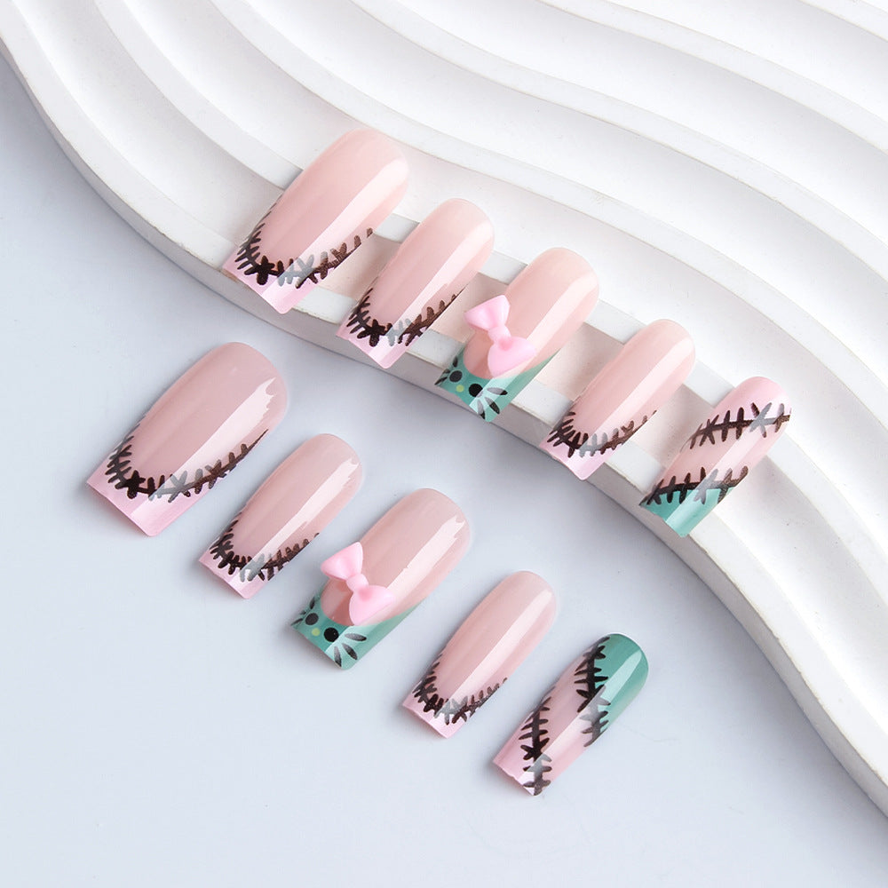 Charming Whimsy Long Square Light Pink with Cute Bow and Stitch Design Press On Nail Set