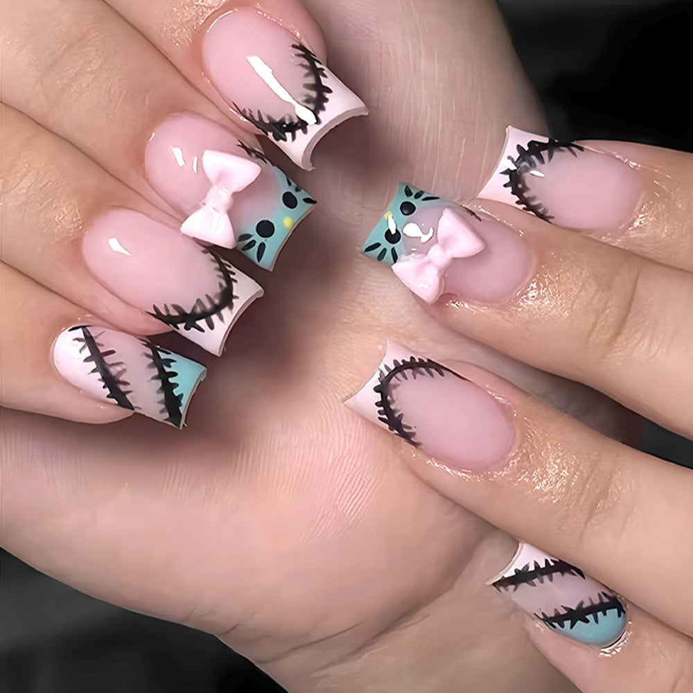 Charming Enchantment Long Square Pink with Bow and Stitch Design Press On Nail Set