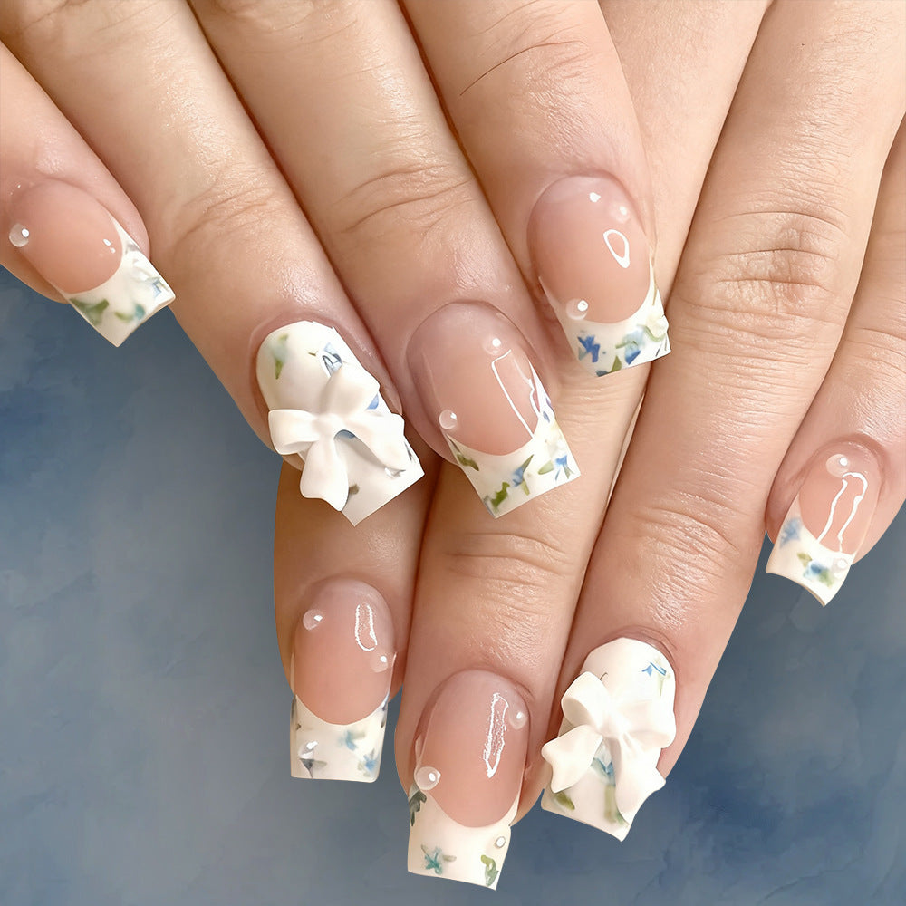 Whimsical Floral Elegance Medium Square White with Delicate Bow and Floral Detail Press on Nail Set