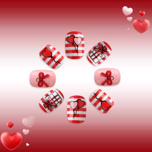 Romantic Celebration Medium Square Red Striped Nails with Heart and Gift Designs