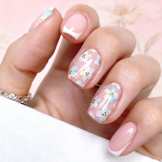 Floral Fantasy Medium Square Pastel Pink with Charming Flower Designs Press On Nail Set
