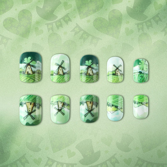 Whimsical Meadow Inspired Press On Nail Set in Short Square Length Vibrant Green with Charming Windmill Design