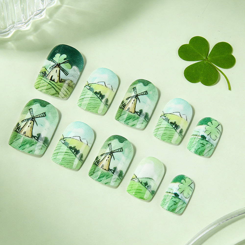 Whimsical Green Meadow Short Square Press On Nail Set with Charming Windmill Designs and Clovers