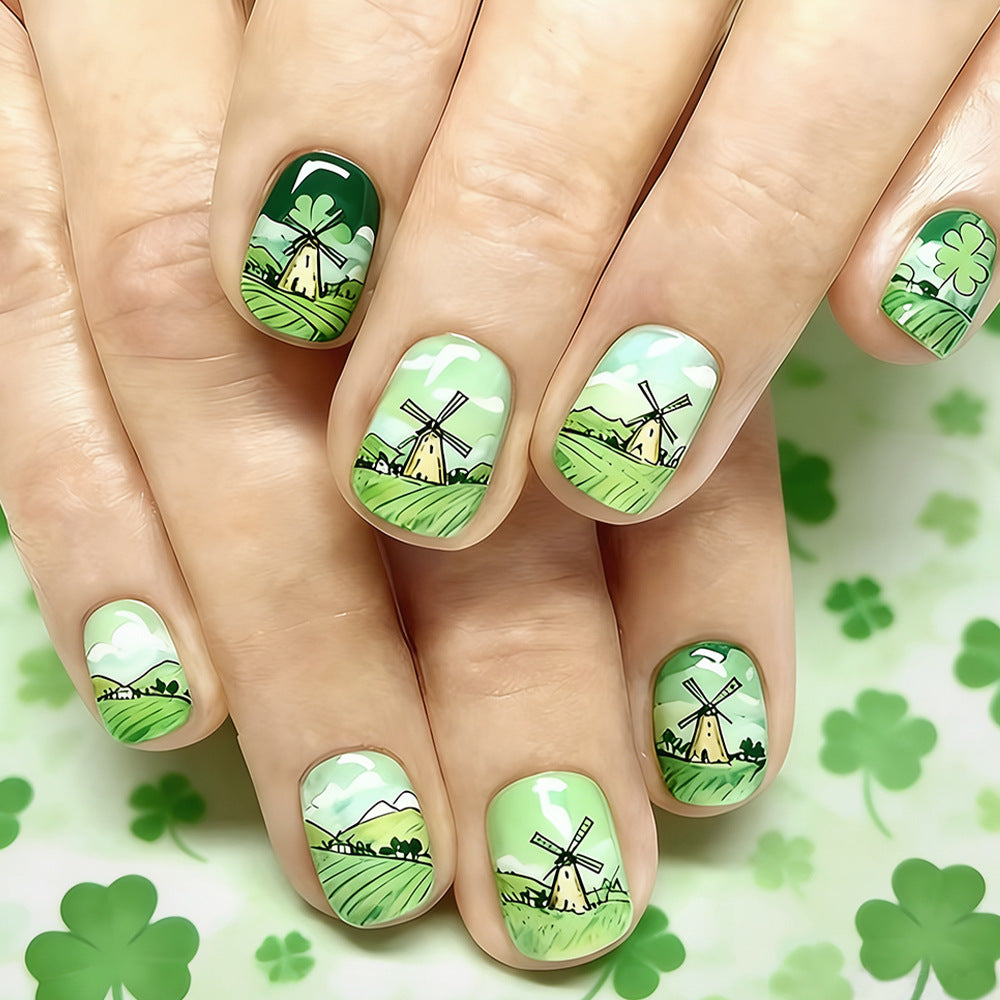 Whimsical Green Landscape Short Square Press-On Nail Set with Unique Windmill Design