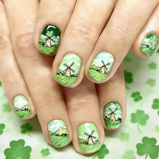 Whimsical Green Landscape Short Square Press-On Nail Set with Unique Windmill Design