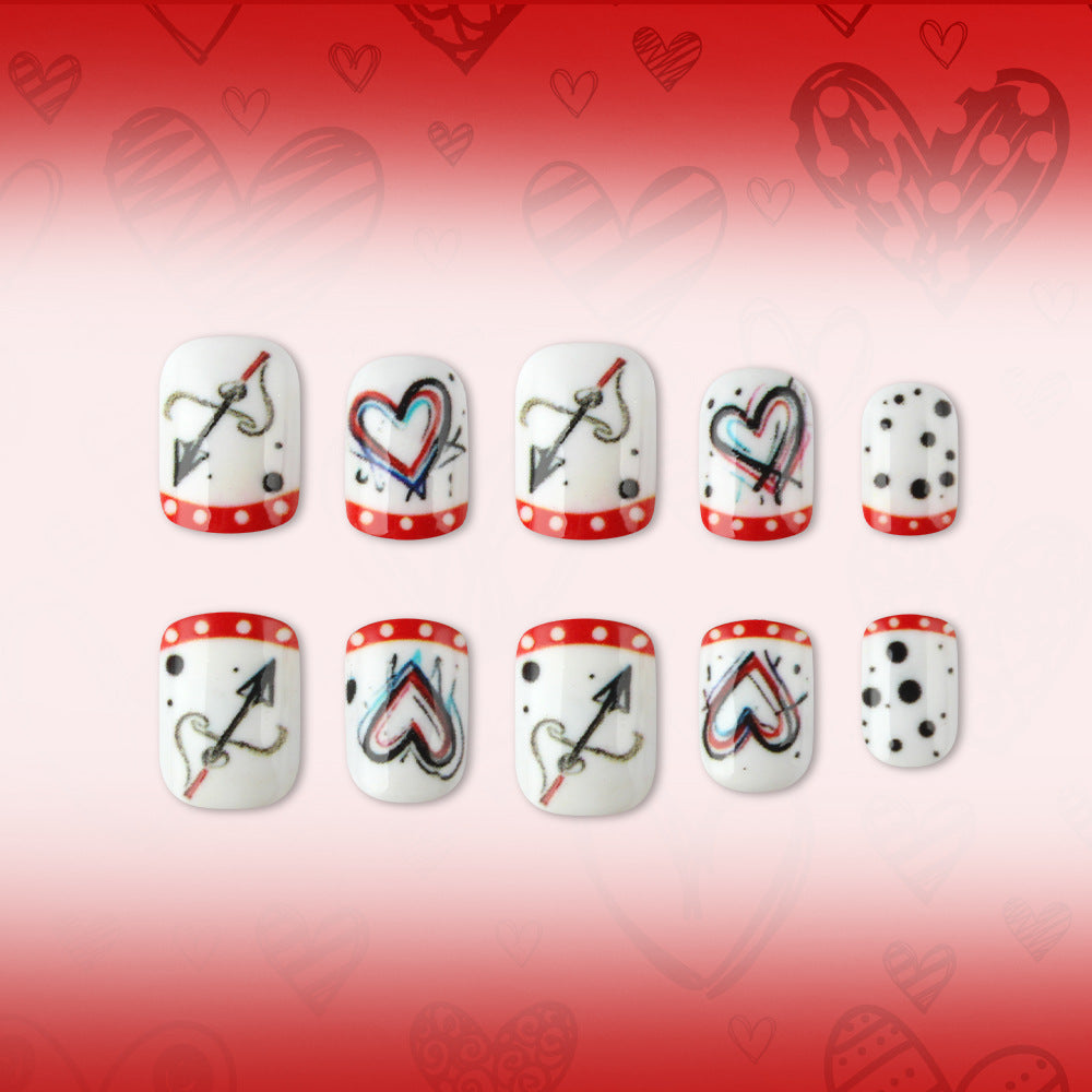 Romantic Heartfelt Short Square White Nails with Arrows and Dots Design