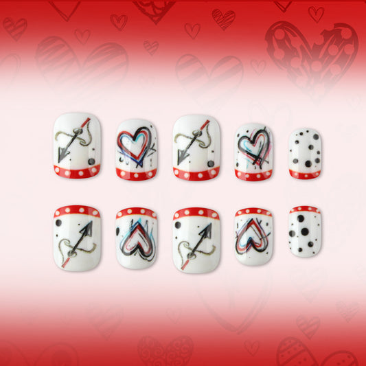 Romantic Heartfelt Short Square White Nails with Arrows and Dots Design