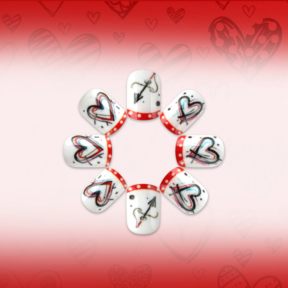 Love Inspired Short Square White and Red Heart Press On Nail Set with Artistic Arrow Design