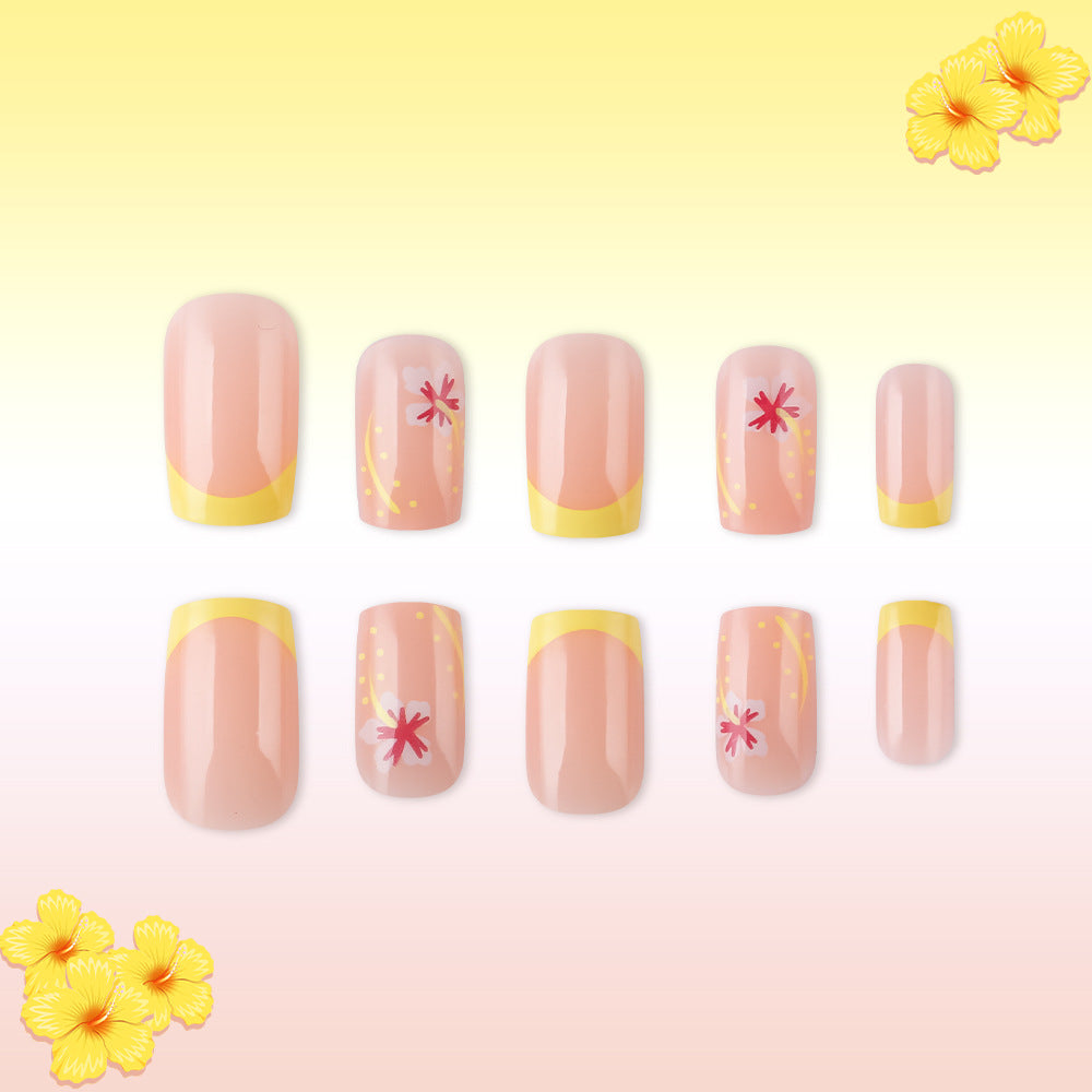 Tropical Bliss Long Square Peach with Yellow Tips and Floral Accents Press On Nail Set