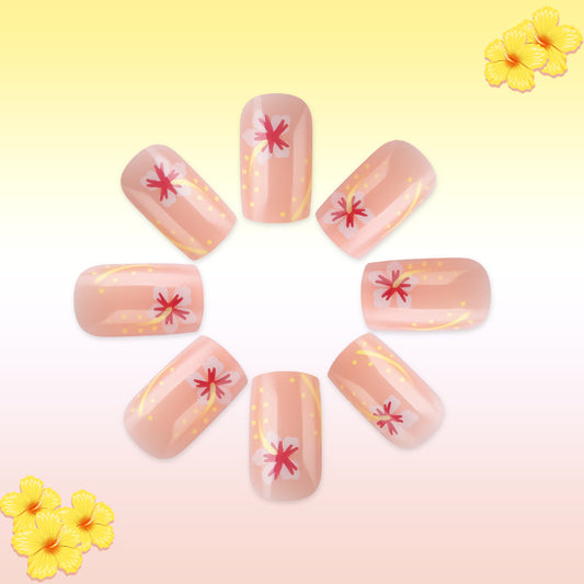 Tropical Bliss Short Square Peach Nail Set with Floral Accents and Dazzling Glitter