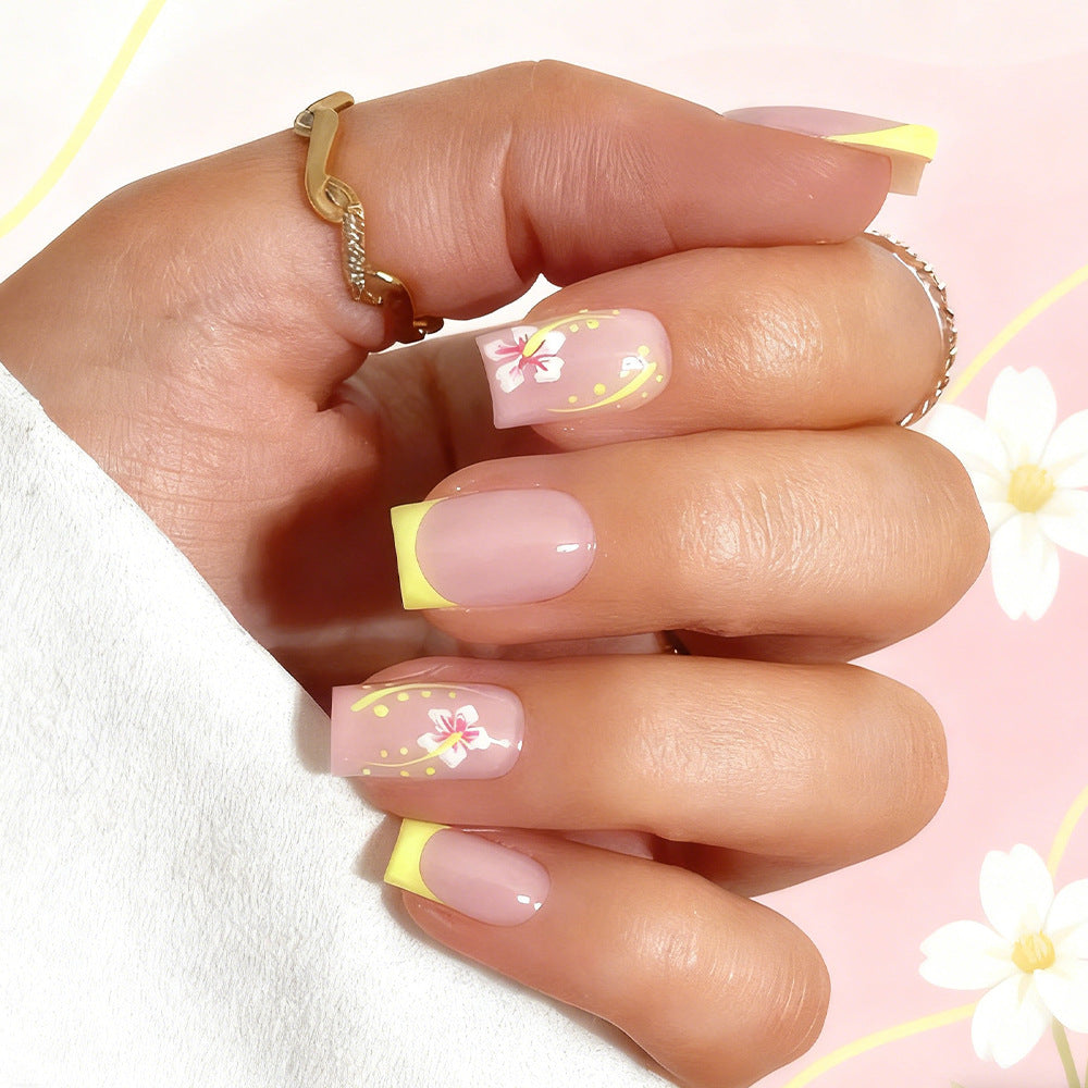 Blossom Elegance Long Square Light Pink with Floral Design and Trendy Yellow Tips Press On Nail Set