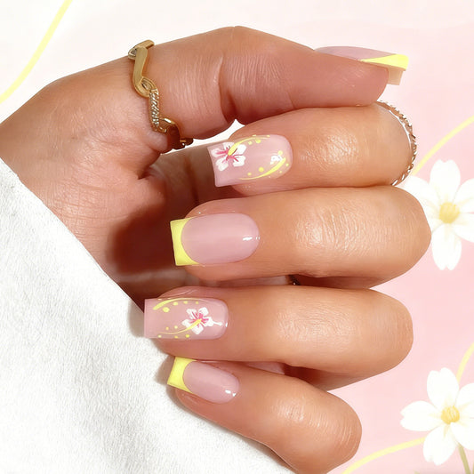 Blossom Elegance Long Square Light Pink with Floral Design and Trendy Yellow Tips Press On Nail Set