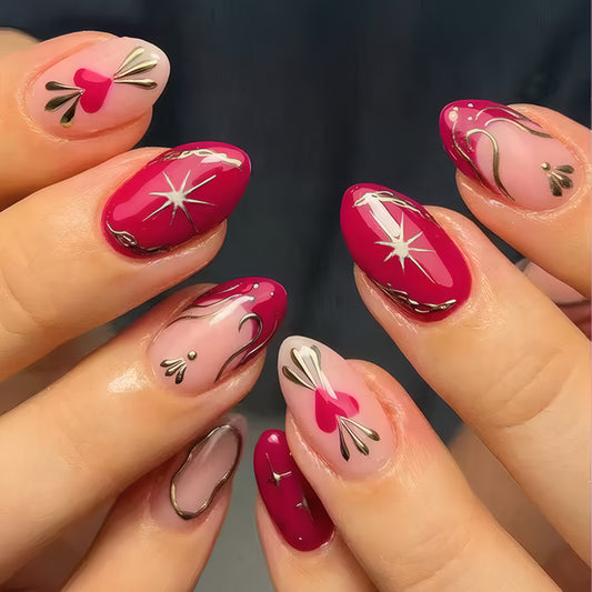Romantic Glamour Long Almond Pink and Red Press-On Nail Set with Sparkling Heart Accents