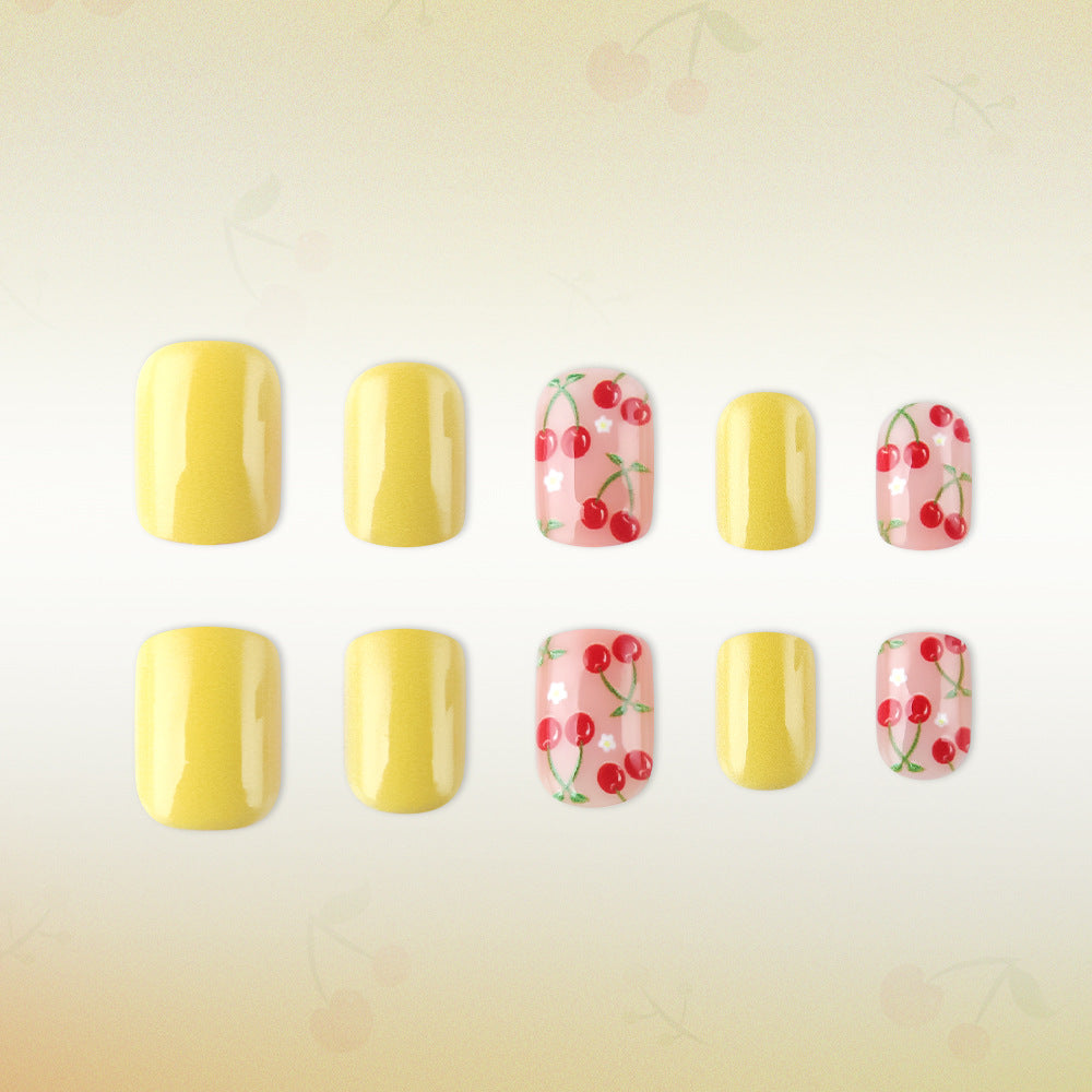 Cherry Blossom Delight Yellow Short Square Nail Set with Floral Pattern