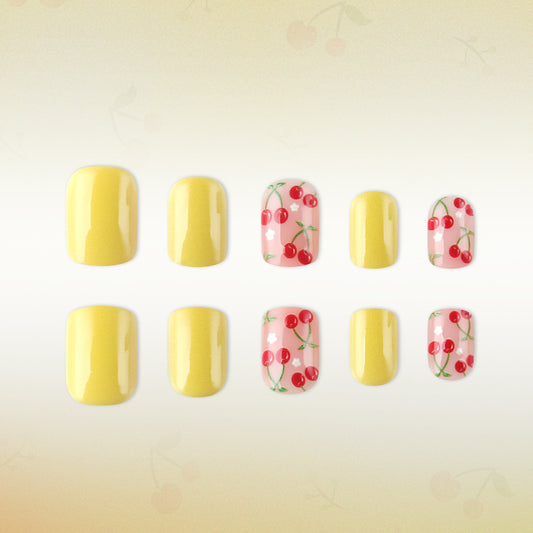 Cherry Blossom Delight Yellow Short Square Nail Set with Floral Pattern