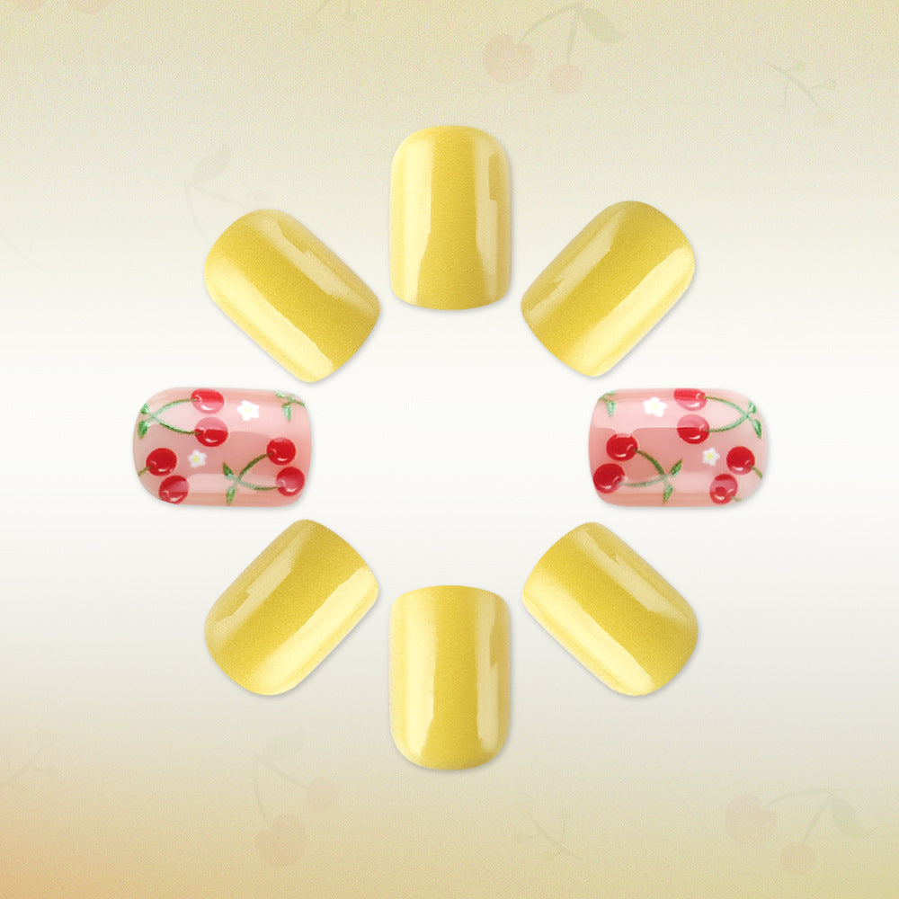 Cherry Blossom Delight Glossy Short Square Length Yellow and Pink Cherry Floral Nail Set