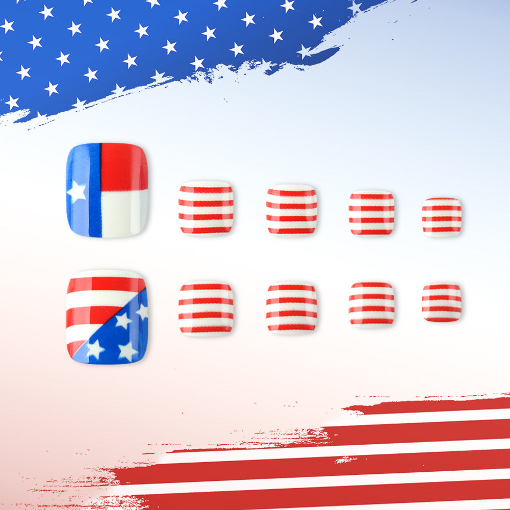 Patriotic Celebration Short Square Red and Blue Press-On Toenail Set Featuring Star and Stripe Design
