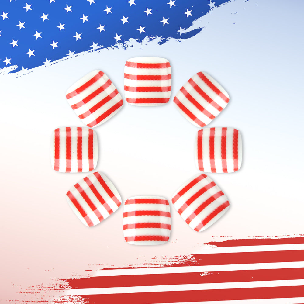 Stars and Stripes Classic Short Square Red and White Striped Toenail Set with Unique Glossy Finish