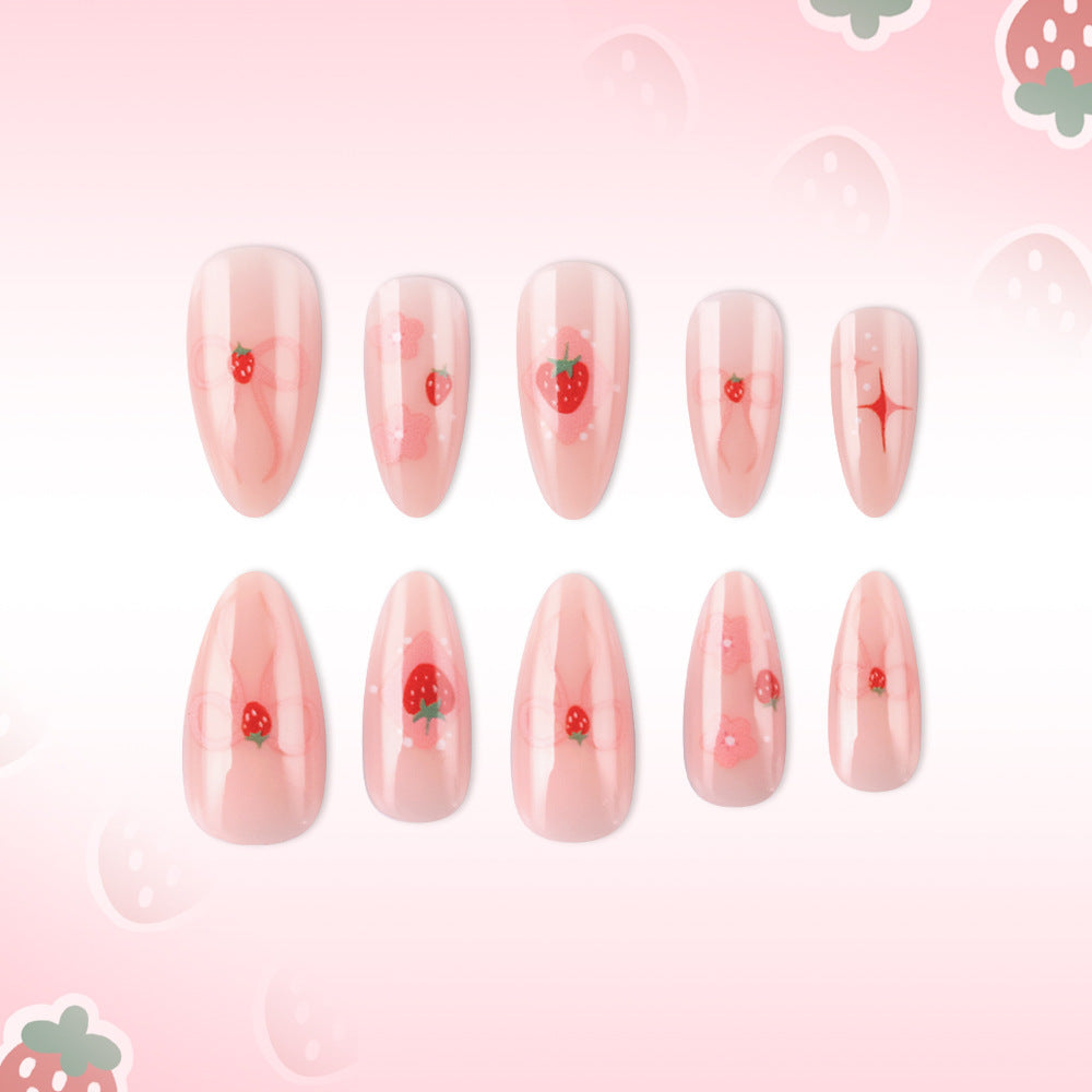 Berry Blissful Long Almond Pink Press-On Nail Set Featuring Adorable Strawberry Designs