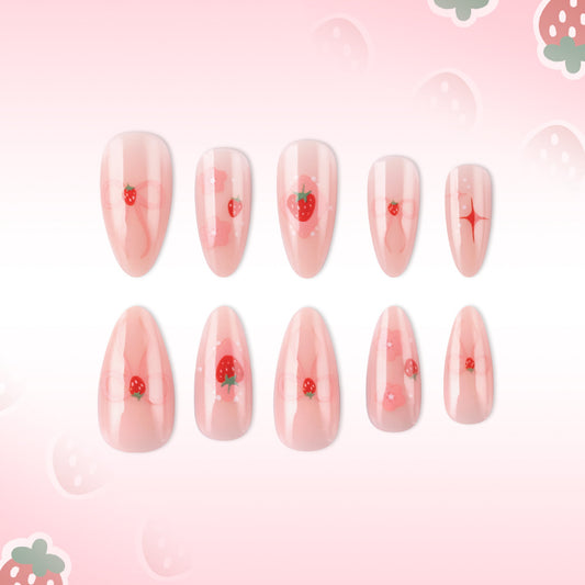 Berry Blissful Long Almond Pink Press-On Nail Set Featuring Adorable Strawberry Designs