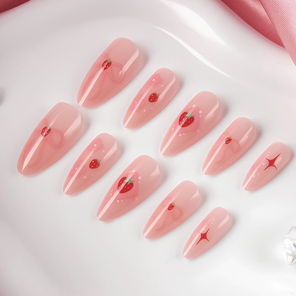 Berry Blossom Elegant Long Almond Pink Press-On Nail Set with Charming Strawberry Design