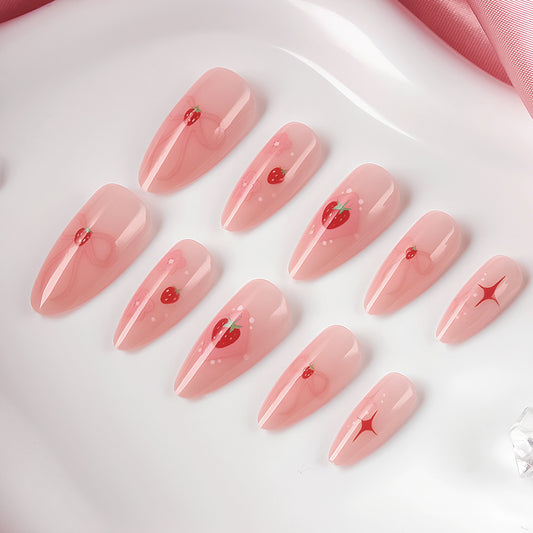 Berry Blossom Elegant Long Almond Pink Press-On Nail Set with Charming Strawberry Design
