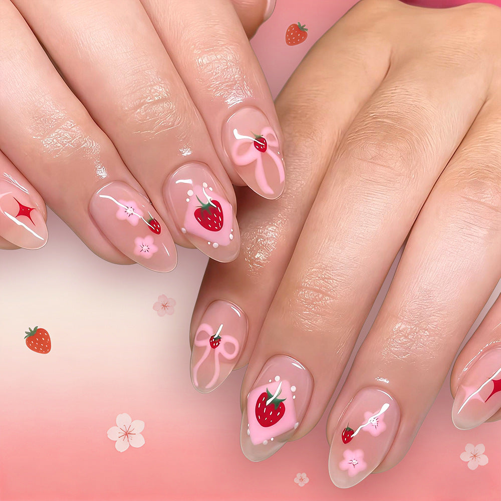Sweet Strawberry Dream Medium Almond Pink Press On Nail Set with Charming Floral Design