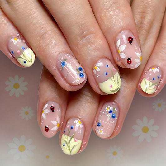 Whimsical Floral Dream Medium Oval Pink With Ladybug Accents Press On Nail Set