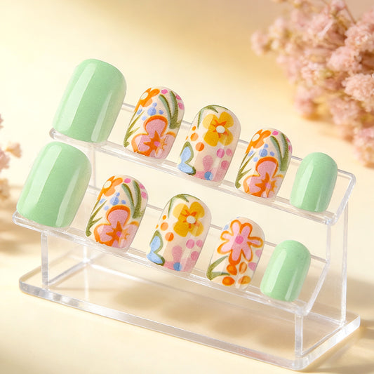 Floral Garden Press on Nail Set in Short Square Mint Green with Vibrant Flower Patterns