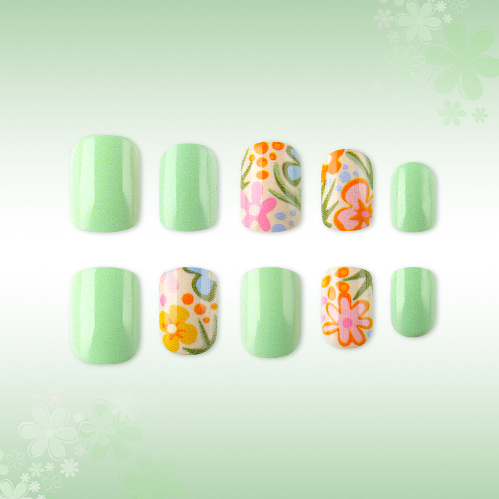 Garden Serenity Medium Square Bright Green with Floral Accent Press On Nail Set