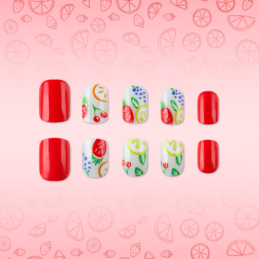 Citrus Inspired Glossy Short Square Red Press On Nail Set with Vibrant Fruit Patterns