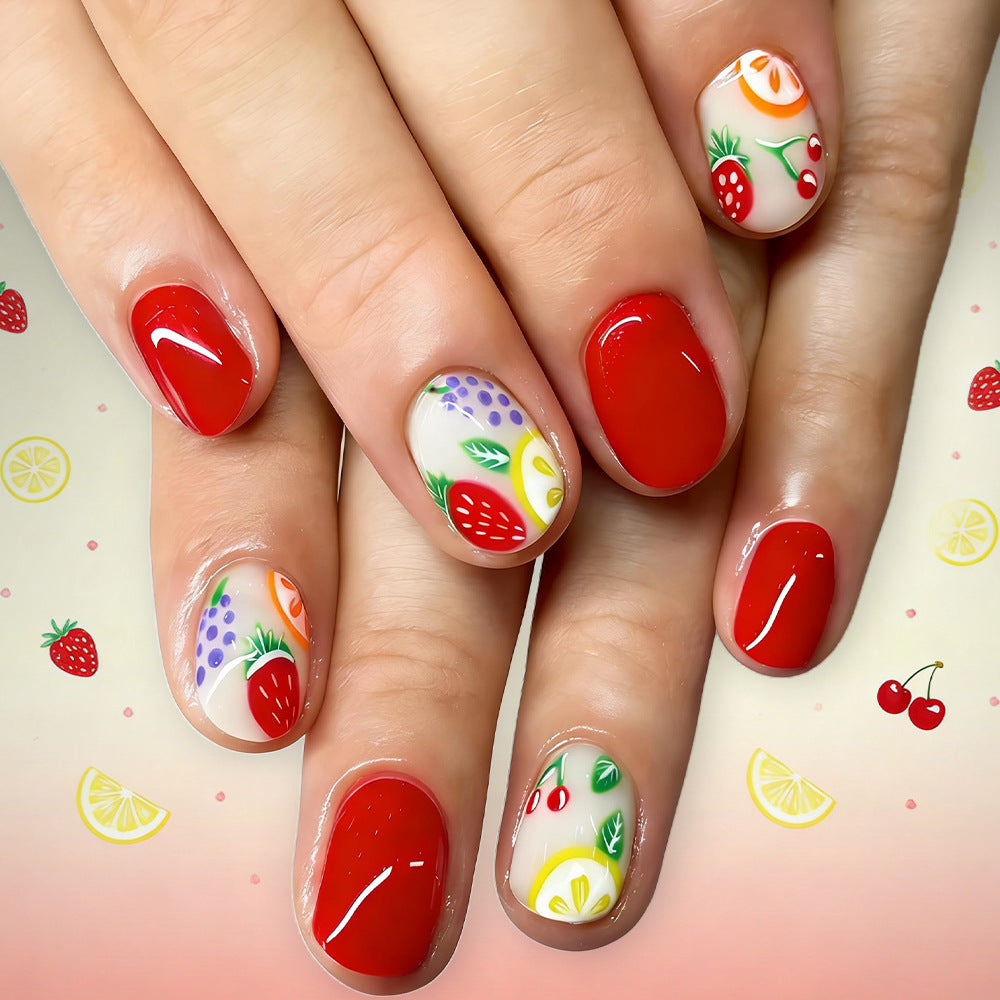 Fruit Fiesta Glossy Medium Squoval Red Nail Set with Charming Hand-Painted Fruit Designs