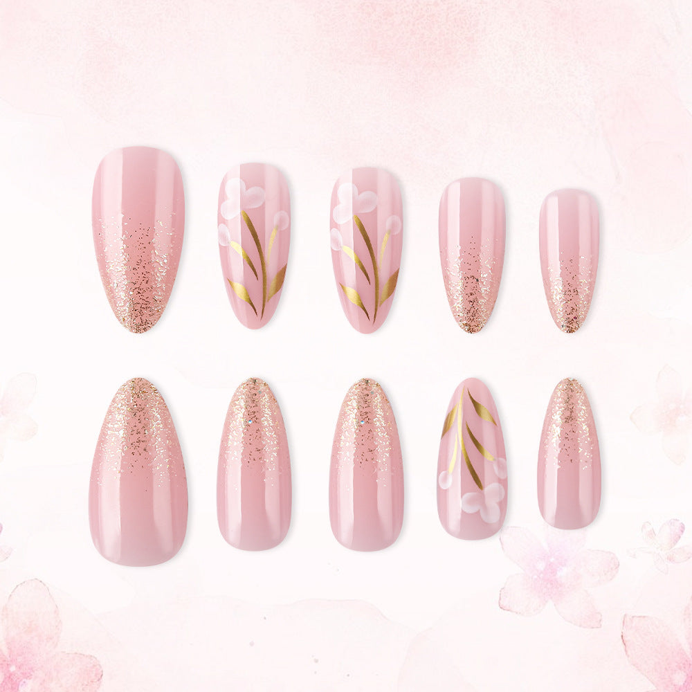 Blossom Elegance Long Almond Pink Gradient Press On Nail Set with Floral Gold Accents