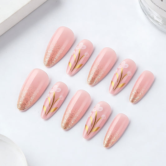 Blossom Elegance Long Almond Pink Gradation with Floral Accents Press-On Nail Set