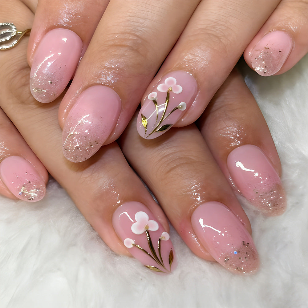 Blossom Dreams Long Almond Pink Glitter Press on Nail Set with Elegant Floral Design
