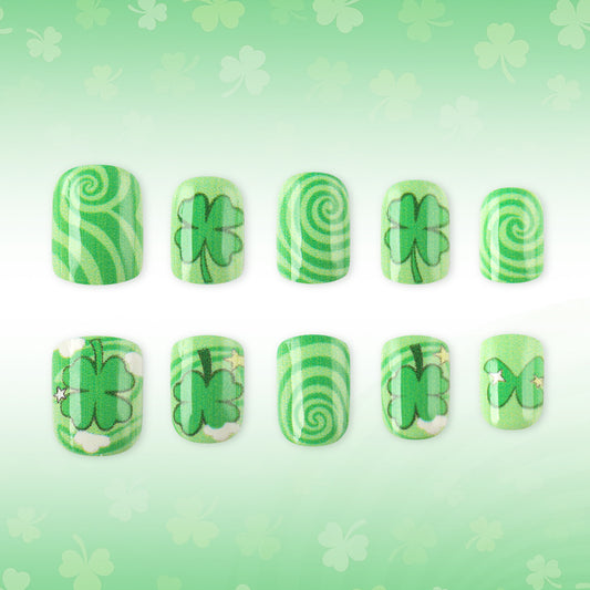Lucky Charm Green Short Square Press On Nails with Whimsical Clover Designs