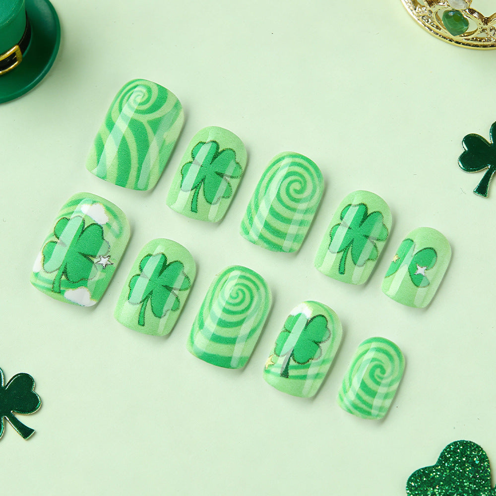 Lucky Charm Short Square Green with Clover Designs Press On Nail Set