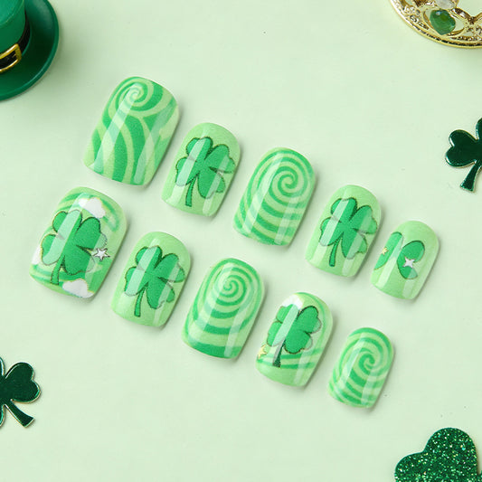 Lucky Charm Short Square Green with Clover Designs Press On Nail Set